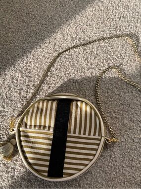 Tribe Alive Striped Round Crossbody in Olive, White & Black with Tassel